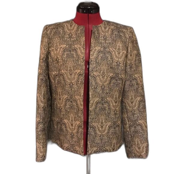 Kasper Blazer Women Size 6P Brown Tapestry Metallic Open Front Long Sleeve - Picture 8 of 8